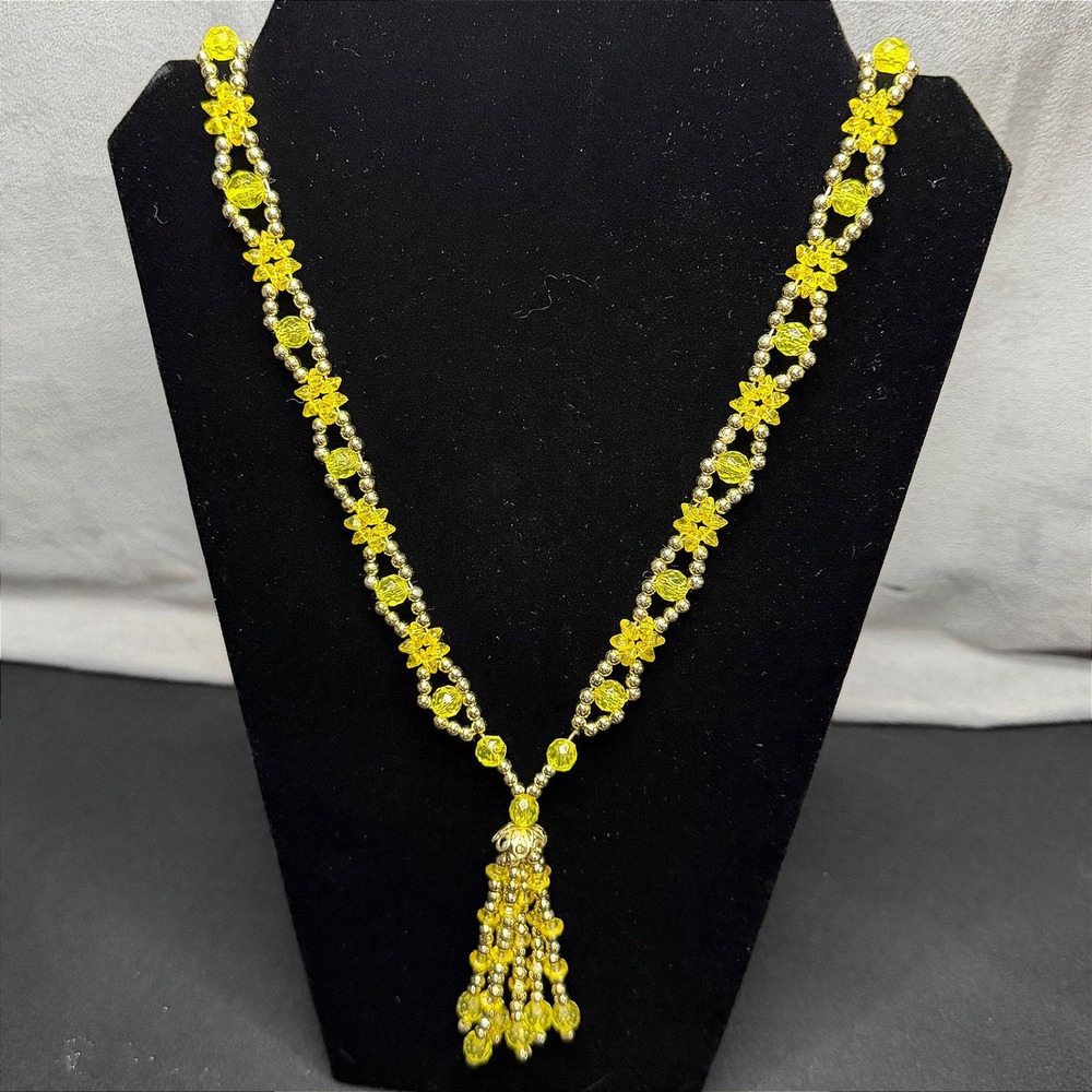 Seed Beaded Tassel Necklace Women OS Yellow Gold Tone Flower Accents Long